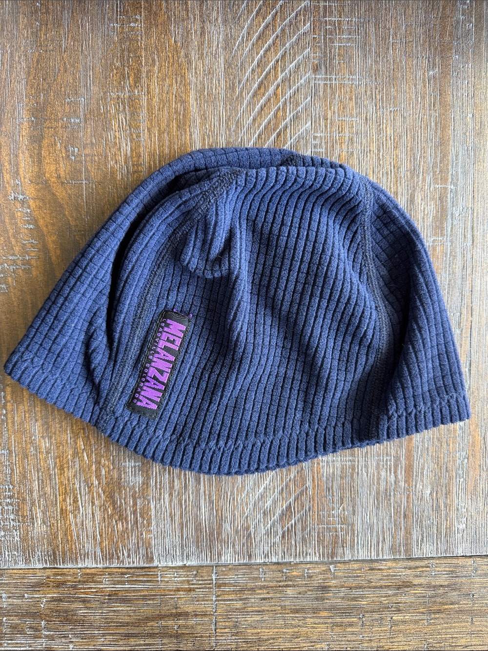 Melanzana Dark Blue Ribbed Beanie with Purple Logo Women's Small
